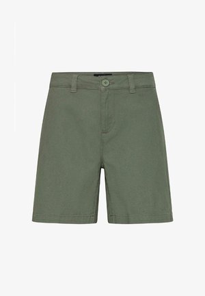 Olijfgroene katoenen shorts met knoopsluiting, riemlussen en eenvoudige stiksels, plat uitgespreid op een witte achtergrond.