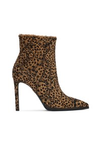 Antrcaste škornji z leopardjim vzorcem, izdelani iz teksturirane tkanine, z ostrim nosom in visokim stiletto peto, z elegantnim črnim podplatom.