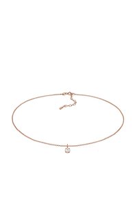 Collier en or rose avec une chaîne fine, mettant en avant un pendentif en forme de carré en pierre précieuse transparente et un fermoir en homard.
