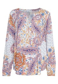 Blouse à manches longues en tissu léger avec un motif cachemire en bleu, orange et blanc, dotée d'une patte de boutonnage sur le devant et d'un col arrondi.