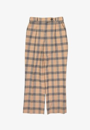 Pantalon beige à jambes larges avec motif à carreaux gris, fermeture par bouton et fermeture éclair, et passants de ceinture.