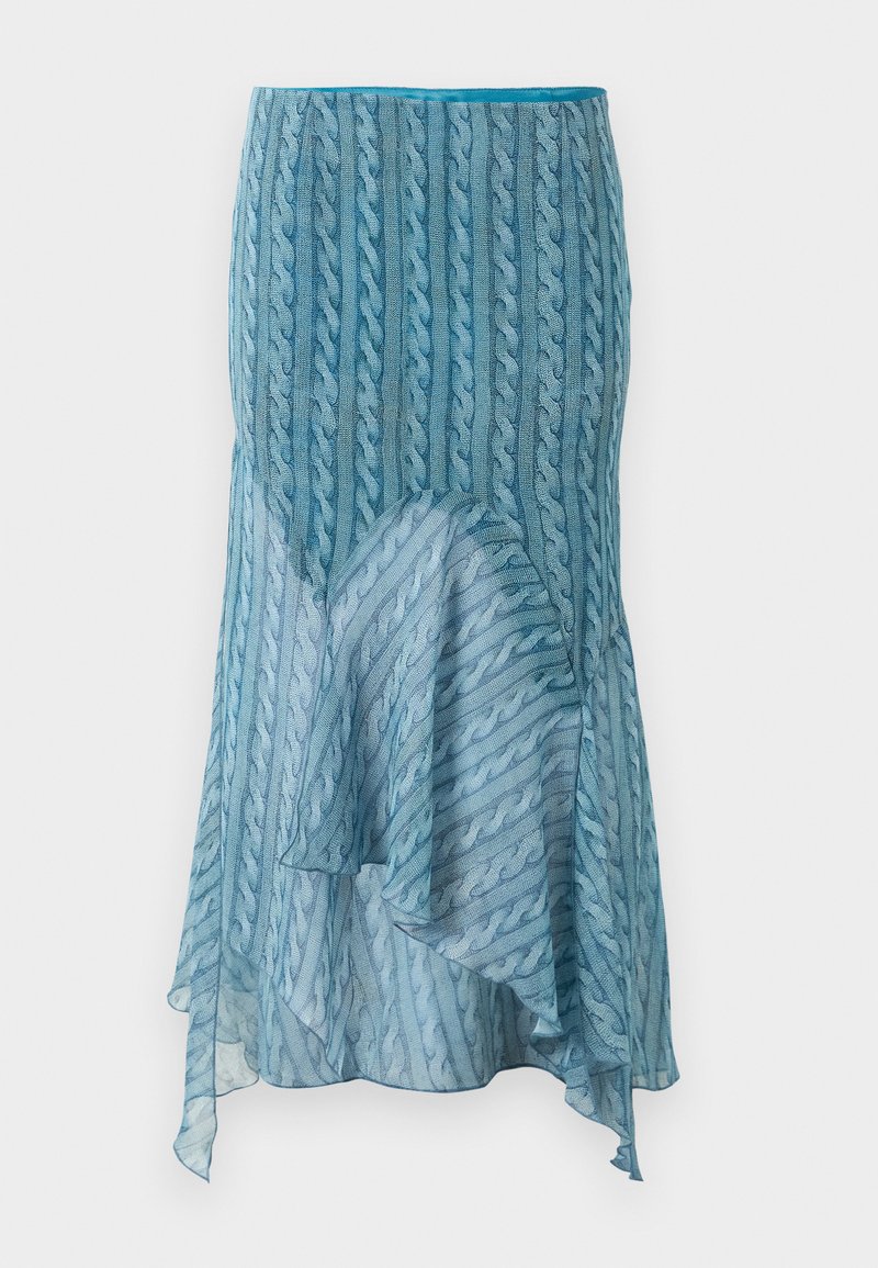 Light blue, sheer fabric skirt with a textured cable pattern, asymmetrical hem, and soft drape. Features a smooth waistband at the top.