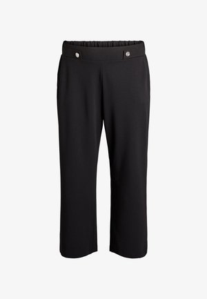 Crne skraćene hlače od glatkog tkanja. Imaju elastični pojas, dva bočna džepa i dva dekorativna gumba sprijeda.