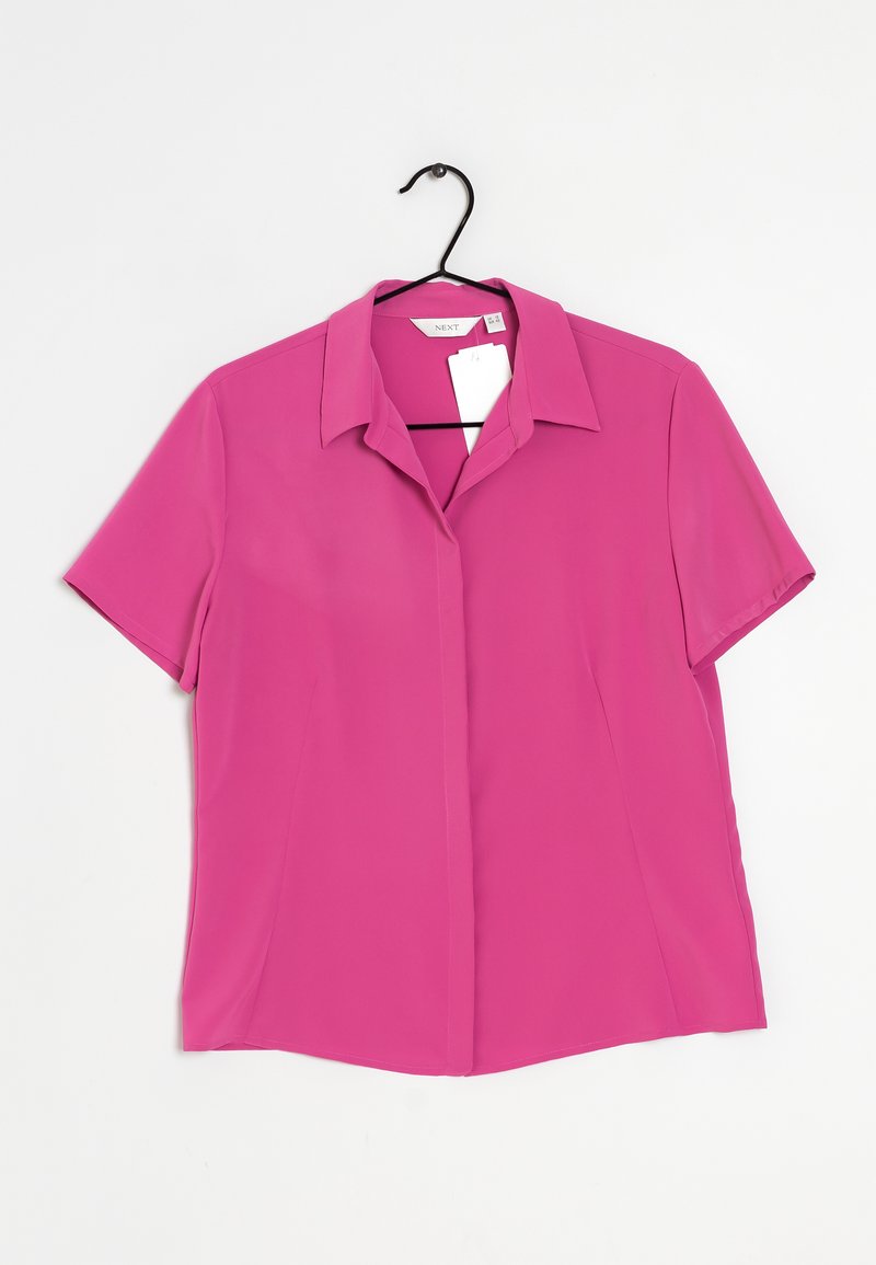 Short-sleeve pink blouse with a collar and button-down front, made from smooth fabric; features side seams and a straight hem.