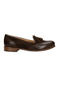 Bruine leren en suède platte schoenen met een ronde neus, brogue-detailing en een decoratieve kwast op de bovenkant. Lage houten hak.