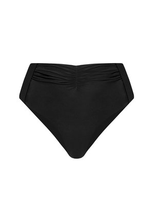 Czarny bikini o wysokim stanie z marszczonymi bokami. Gładka tekstura, pełne krycie i brak widocznych elementów metalowych.