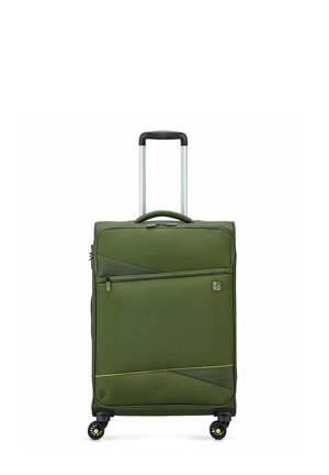Valigia morbida verde con manico telescopico e quattro ruote girevoli, con tasca frontale con cerniera e design geometrico.