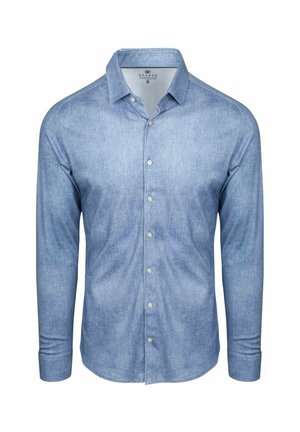 Herren hellblaues Langarmhemd mit Kragen und Knöpfen, von vorne auf weißem Hintergrund dargestellt, Größe Medium.