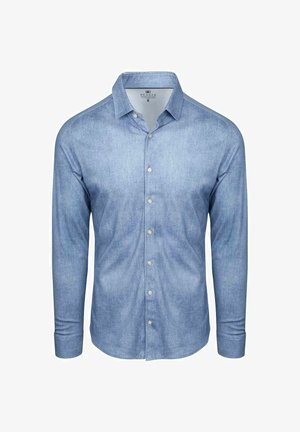Heren lichtblauw overhemd met lange mouwen en kraag, knoopsluiting, vooraan weergegeven op een witte achtergrond, maat medium.