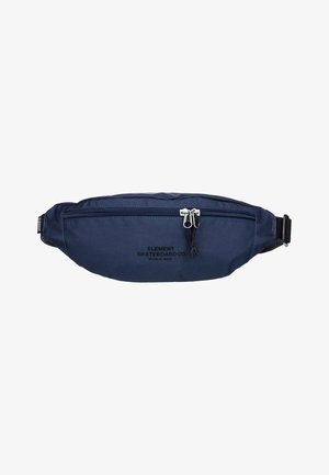 Navy blue fanny pack made of durable fabric, featuring a front zipper pocket and a printed logo. Adjustable black strap for secure wear.