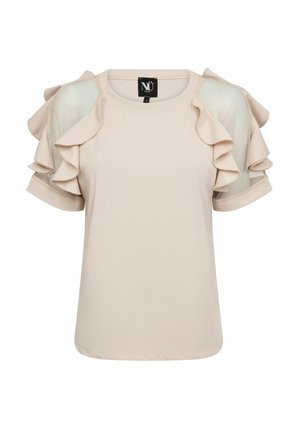 Svijetlo bež bluza kratkih rukava s prozirnim panelima i slojevitim detaljima volana na ramenima i gornjim rukavima, veličina mala.