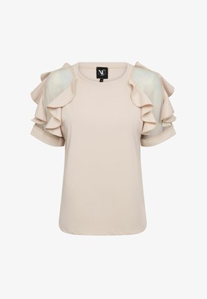 Light beige short-sleeve blouse with sheer panels and layered ruffle details on the shoulders and upper sleeves, size small.