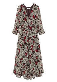 Długa kwiatowa sukienka z ciemnym tłem, dużymi jasnopiwnymi i czerwonymi kwiatami, dekoltem w serek oraz luźnymi rękawami. Wykonana z lekkiego materiału.