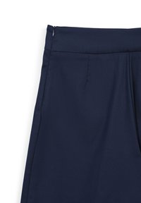 Gonna blu scuro con chiusura a zip laterale e sottili pieghe vicino alla vita.