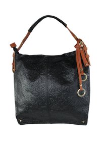 Zwarte, geperforeerde leren shopper met een getextureerd oppervlak, bruine leren riemen, goudkleurige accenten en een ruime, gestructureerde vorm.