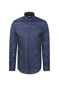 Chemise bleu foncé à manches longues boutonnée avec un motif floral dans des tons de bleu plus clairs, avec un col classique et des poignets standards.