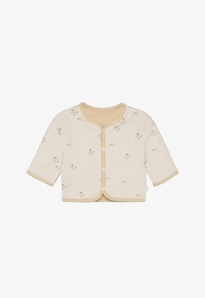 Light beige baby cardigan with long sleeves, snap buttons, and scattered blue and yellow animal patterns. Soft cotton fabric with contrasting trim.