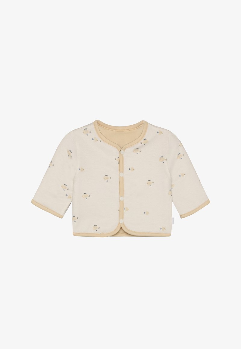 Jasnobeżowy dziecięcy sweterek z długimi rękawami, zatrzaskami i rozmieszczonymi niebieskimi oraz żółtymi wzorami zwierząt. Miękka bawełniana tkanina z kontrastowym wykończeniem.