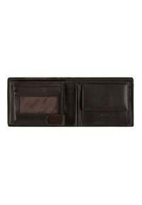 Ce portefeuille en cuir marron comporte plusieurs emplacements pour cartes, une fenêtre transparente pour la carte d'identité et une fermeture à pression. Texture lisse avec détail de logo embossé.