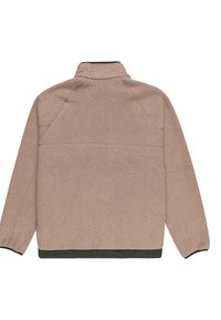 Beige fleece jacket with a textured surface, high collar, and green hem. Features raglan sleeves and stitching across the back.
