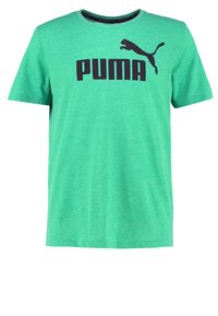 Grön kortärmad T-shirt i bomull med en stor svart "PUMA"-logotyp och en svart siluett av en puma, rund halsringning.