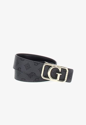 Cintura in pelle nera con texture, caratterizzata da una fibbia rettangolare dorata con il logo "G", progettata in stile doppio avvolgimento.