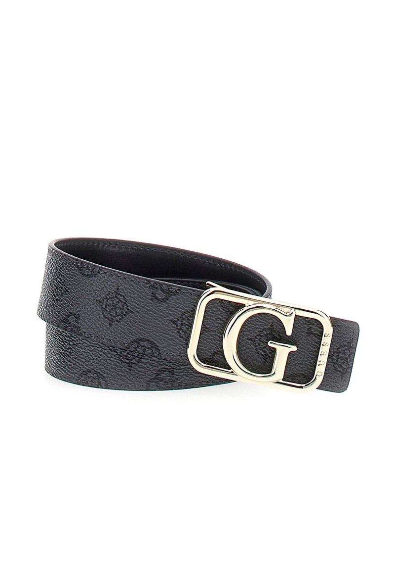 Cintura in pelle nera con texture, caratterizzata da una fibbia rettangolare dorata con il logo "G", progettata in stile doppio avvolgimento.