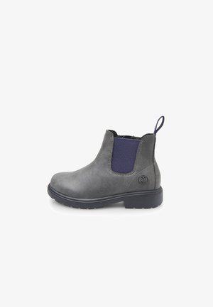 Hallid hallid chelsea saapad pehmest nahast, navy sinise elastse külgkrepi, ümar toe, tõmbenöör ja tekstureeritud kummist tallaosaga.