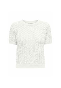 Suéter corto de manga corta blanco con un intrincado patrón de punto abierto. Cuello redondo y puños y bajo acanalados. Tejido ligero y texturizado.