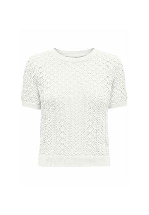 Pull léger à manches courtes blanc avec un motif en tricot découpé complexe. Encolure ronde et poignets et ourlet côtelés. Tissu léger et texturé.