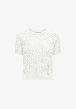 Pull léger à manches courtes blanc avec un motif en tricot découpé complexe. Encolure ronde et poignets et ourlet côtelés. Tissu léger et texturé.