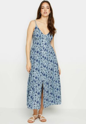 Blaues maxikleid mit Blumenmuster, V-Ausschnitt, dünnen Trägern und Knopfdetail auf der Vorderseite; verfügt über einen Schlitz und einen gestuften Saum.