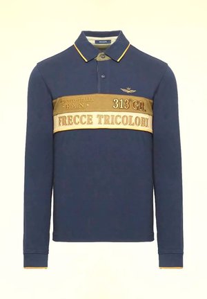 Polo a maniche lunghe colore navy con una patta a due bottoni, dettagli dorati e una banda beige prominente con il testo "FRECCE TRICOLORI."
