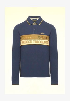 Polo a maniche lunghe colore navy con una patta a due bottoni, dettagli dorati e una banda beige prominente con il testo "FRECCE TRICOLORI."