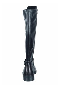 Botte noire en cuir hauteur genou avec une finition lisse, fermeture éclair à l'arrière, et un talon bas et texturé avec un détail de sangle.