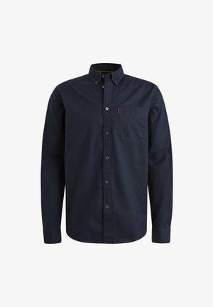 Tamnoplav srajc z dolgimi rokavi in gumbi, s ovratnikom na gumb in žepom na prsih, prikazan na beli ozadju.
