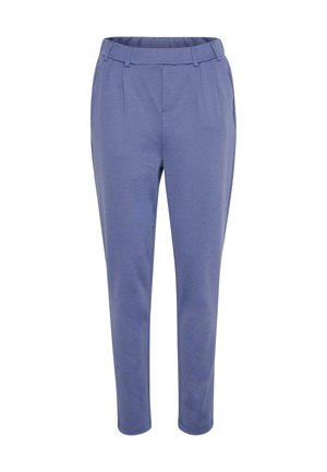 Pantalons en mélange de coton bleus avec une jambe fuselée, un devant plissé et une taille élastique. Comprend des poches latérales et une texture lisse.
