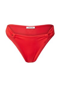 Rote Bikini-Hose mit glatter Textur, die an den Seiten mit gedrehten Knoten verziert ist und einen mittelhohen Schnitt hat. Markenlabel: EDITED.