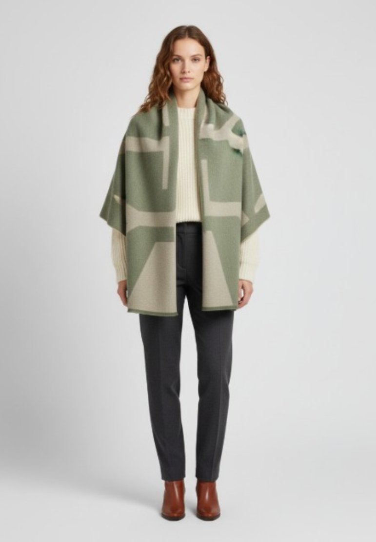 Poncho en mélange de laine en vert olive et beige avec un motif géométrique ; tombe sur les épaules ; associé à un pantalon gris et des bottes marron.