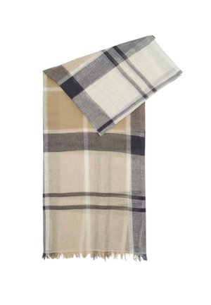 Sciarpa rettangolare leggera con motivo a quadri beige, grigio e nero e bordi sfrangiati, piegata su uno sfondo bianco.