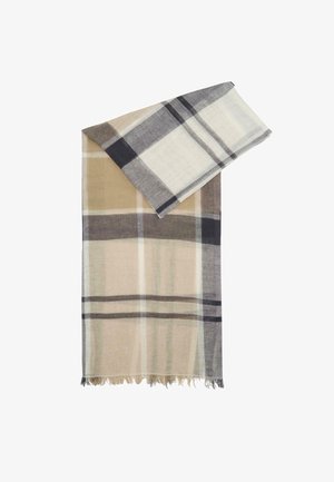Sciarpa rettangolare leggera con motivo a quadri beige, grigio e nero e bordi sfrangiati, piegata su uno sfondo bianco.