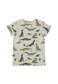 Short-sleeve t-shirt in light grey cotton featuring an all-over crocodile print in green and blue, with various poses in water and land settings.