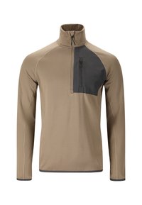 Hellbrauner Langarmpullover mit einem Halbzipp-Kragen. Mit einer dunkelgrauen Brusttasche und strukturiertem Stoff. Betonte Nähte und Bündchen.