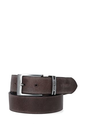 Brown leather belt with a textured finish and a silver-tone metal buckle. Features brand label "Venezia" on the buckle accent.