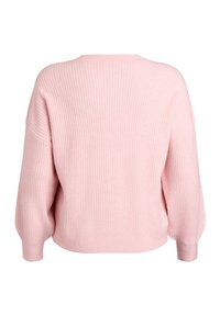 Gaiši rozā ribota džempera ar ērtu pieguļošu piegriezumu, pazeminātām plecu līnijām un garām piedurknēm, pabeigts ar apaļu apkakli un apakšmalu.