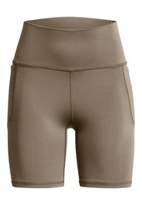 Shorts de vélo taille haute, de couleur taupe, avec poches latérales et coutures à plat sur fond blanc.
