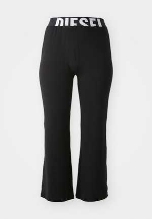 Pantalons évasés noirs en coton doux. Dotés d'une ceinture blanche contrastante avec le logo "DIESEL". Texture simple et lisse, sans motifs.