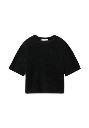 Top en maille noire à manches courtes avec un col rond. Présente un subtil effet pailleté sur toute la surface et une coupe ample et carrée. Texture douce et design simple.