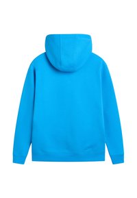Felpa blu con cappuccio ampio, maniche lunghe e polsini a costine. Tessuto liscio senza motivi visibili o dettagli in metallo.