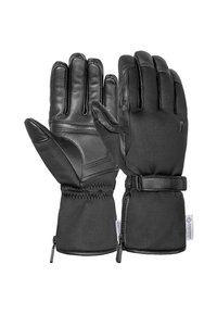 Schwarze Handschuhe aus einer Kombination von Leder und weichem Stoff. Bemerkenswerte Details umfassen einen Reißverschlussbund, ein Riemen und gestickte Akzente.